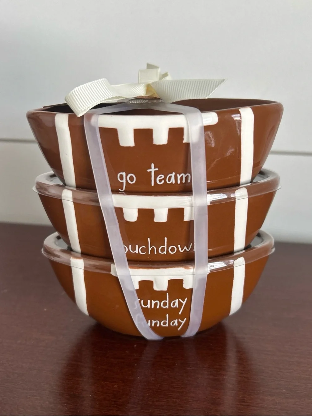 Rae Dunn Brown and White Football Stackable Dip Bowls